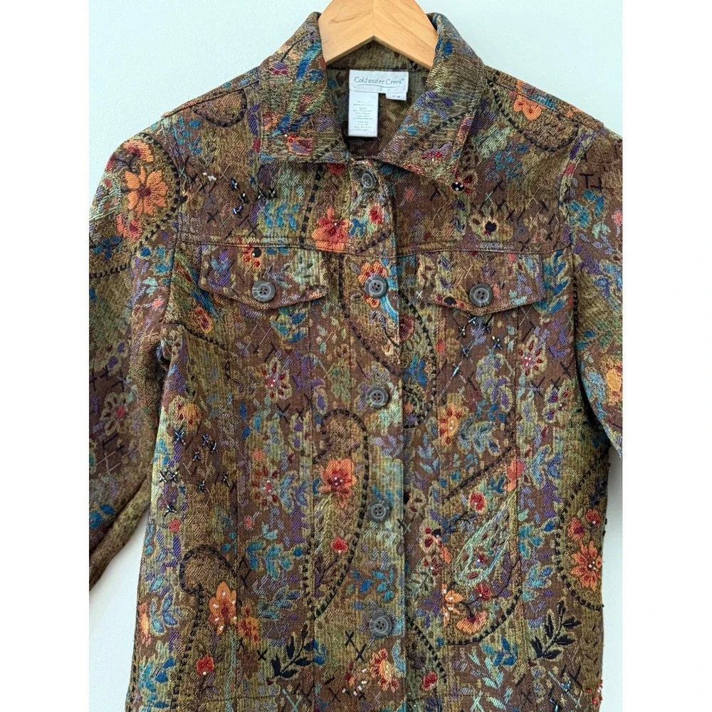 Vintage Y2K Coldwater Creek Tapestry Jacket PS Boho Beaded Floral Paisley Fall
